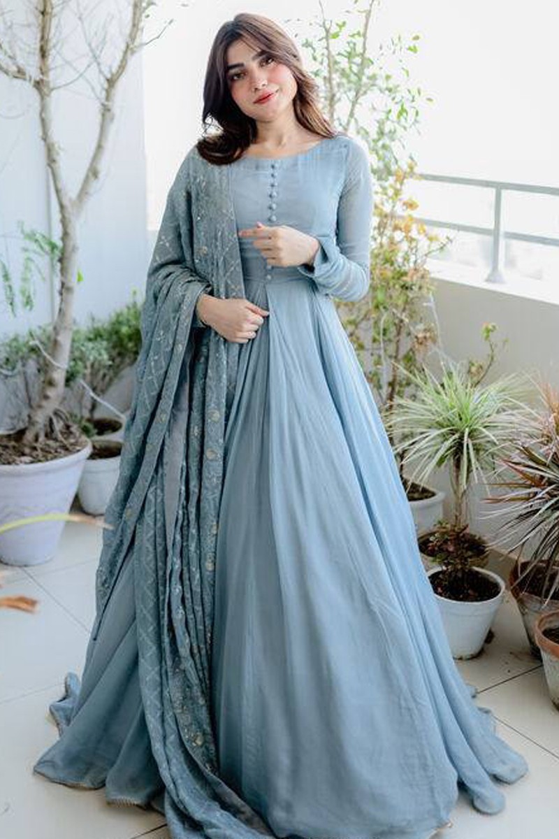 Buy BOOKMYWEAR Fantastic Sky Blue Floral Print Chinnon Chiffon Anarkali  Suit Set and Pants Pair with duppta at Amazon.in