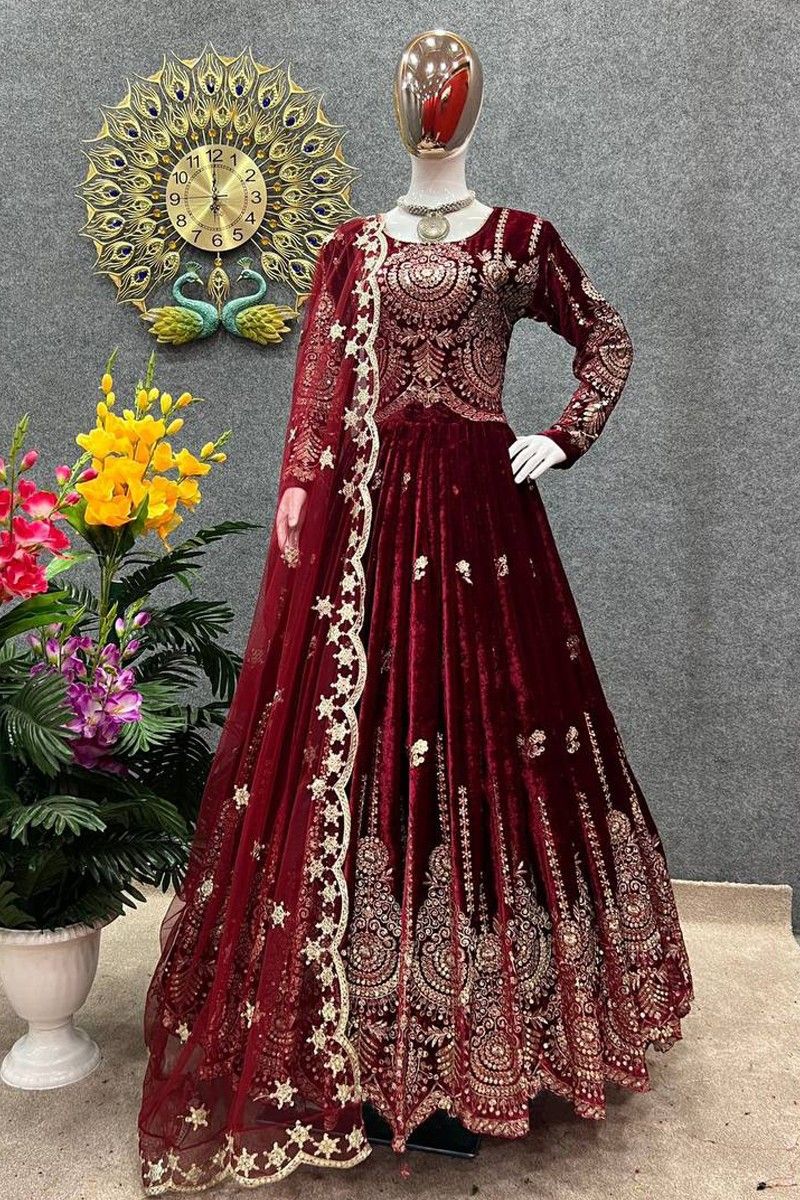 Buy Maroon Color Long Velvet Gown With Butterfly Embroidry on Plazzo  Designer Indo Western Dress Mehendi Sangeet Ohtfit Online in India - Etsy
