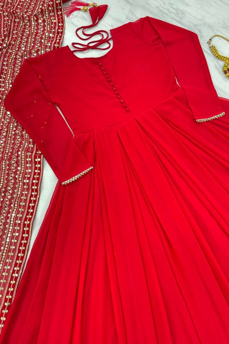 Anarkali Style Plain Red Gown With Embroidery Work Dupatta