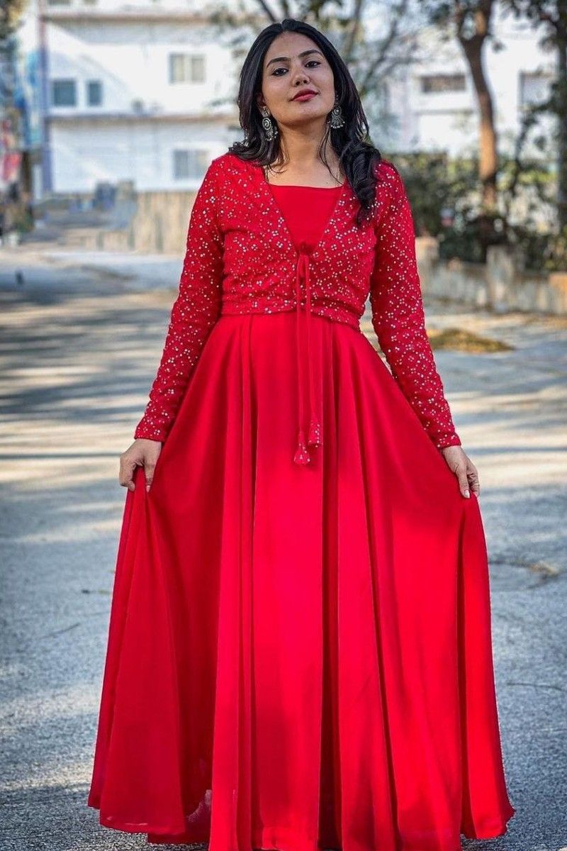 Buy Incredible Red Georgette Solid Partywear Dresses - Inddus.in.