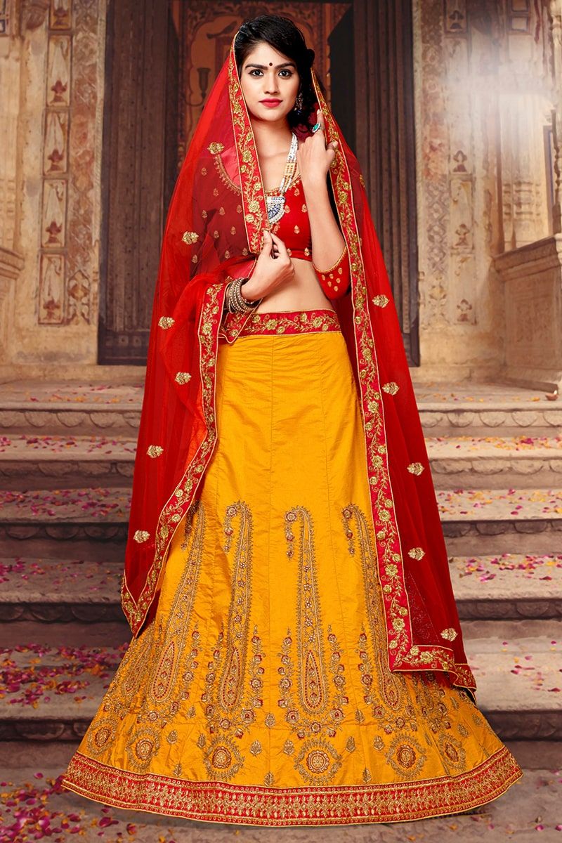 Buy Art Silk Red and Yellow Fancy Readymade Lehenga Choli Online : 217456 -