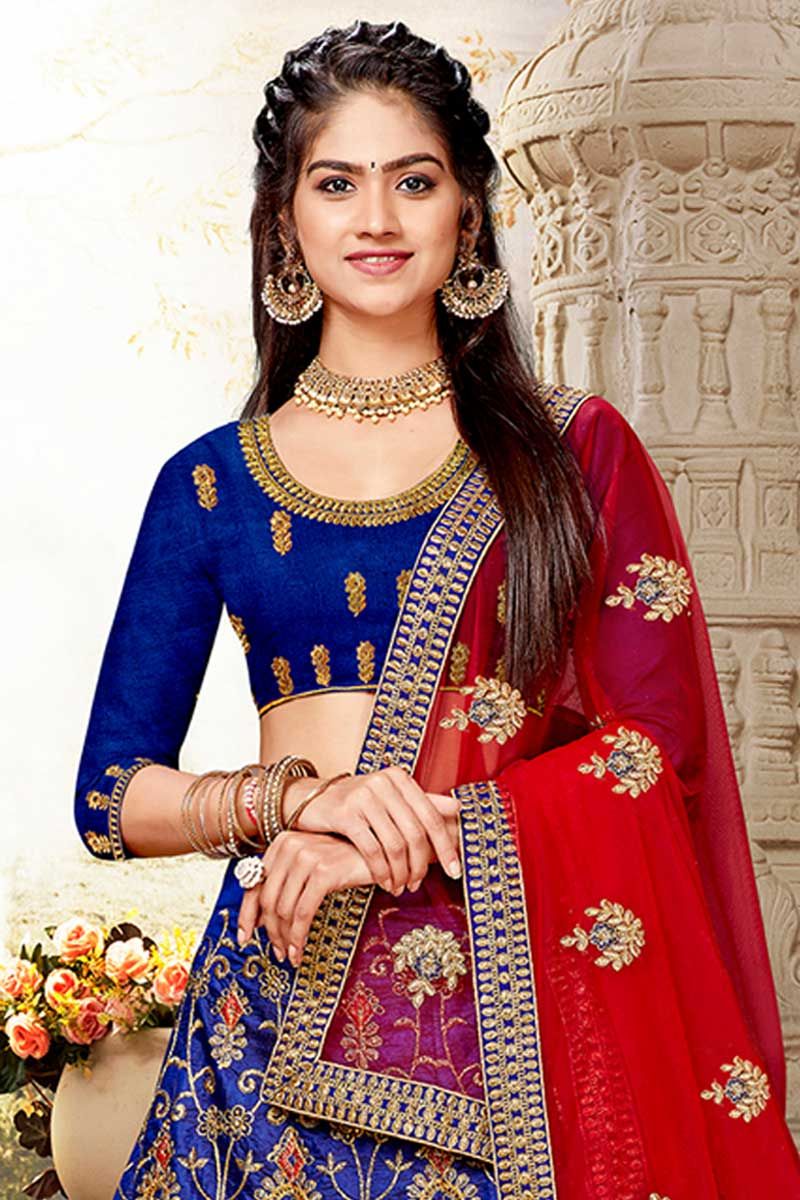 Buy Blue and red Banarasi silk wedding lehenga choli in UK, USA and Canada