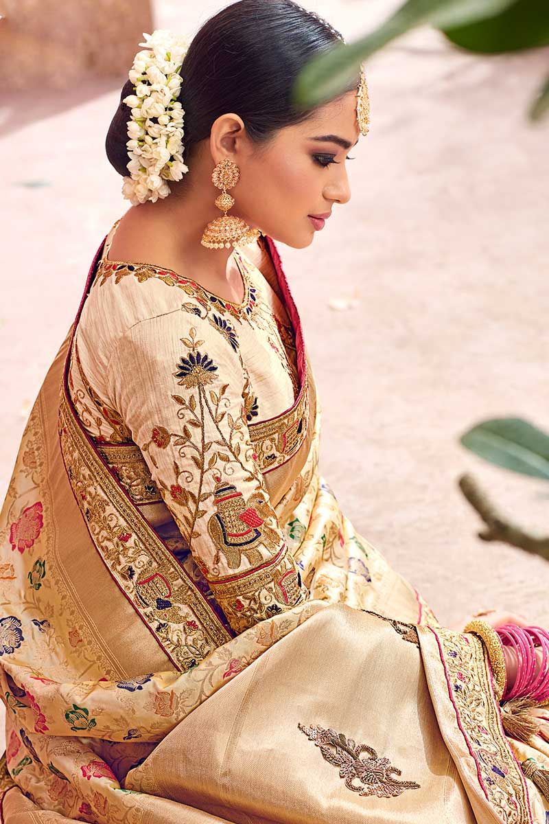 Banarasi Silk Saree Cream Color With Embroidery Work