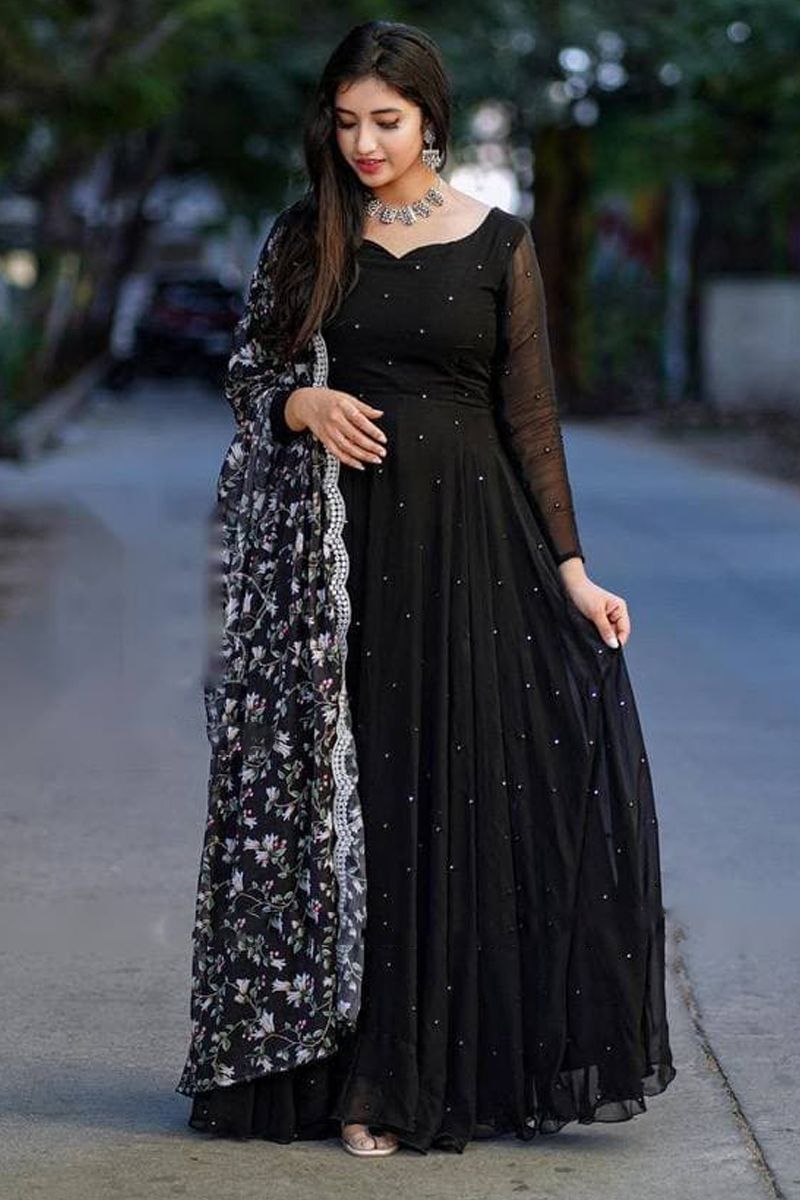 Black Embroidered Georgette Anarkali Gown  Urban Womania