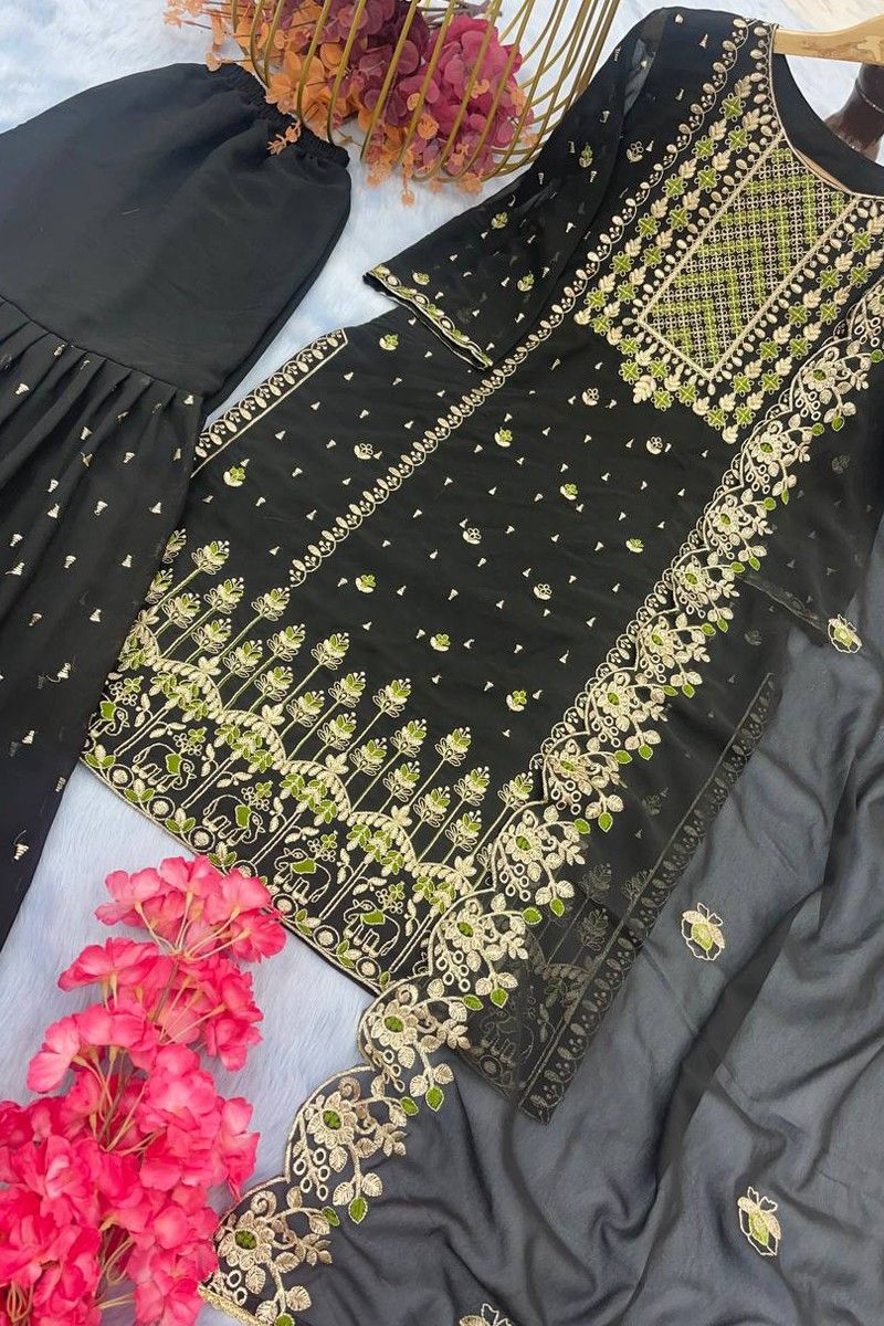 Cotton Thread Black Palazzo Suit with Dupatta - PZ3498