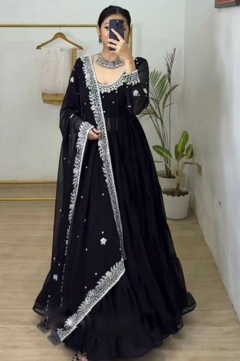 Grey Color Thread Work Anarkali Dress