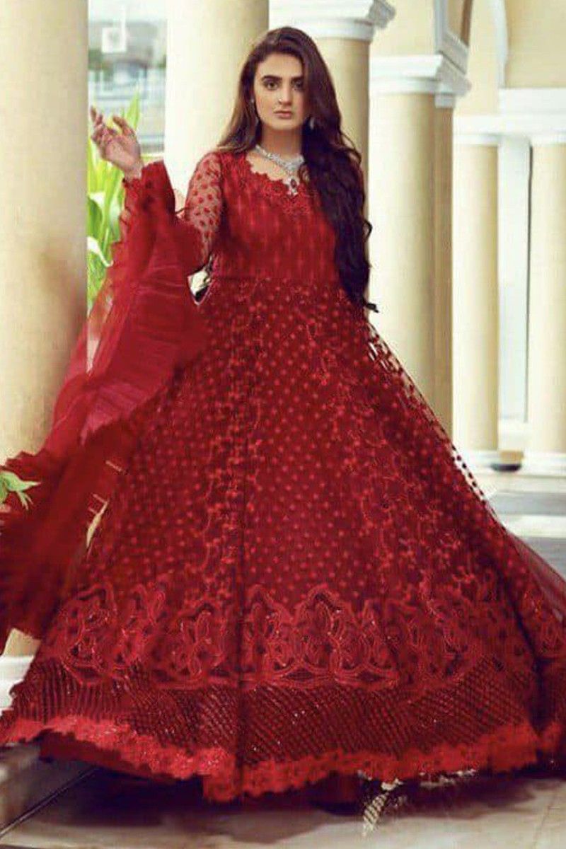 Blood Red Diamond Work Gown With Ruffle Dupatta