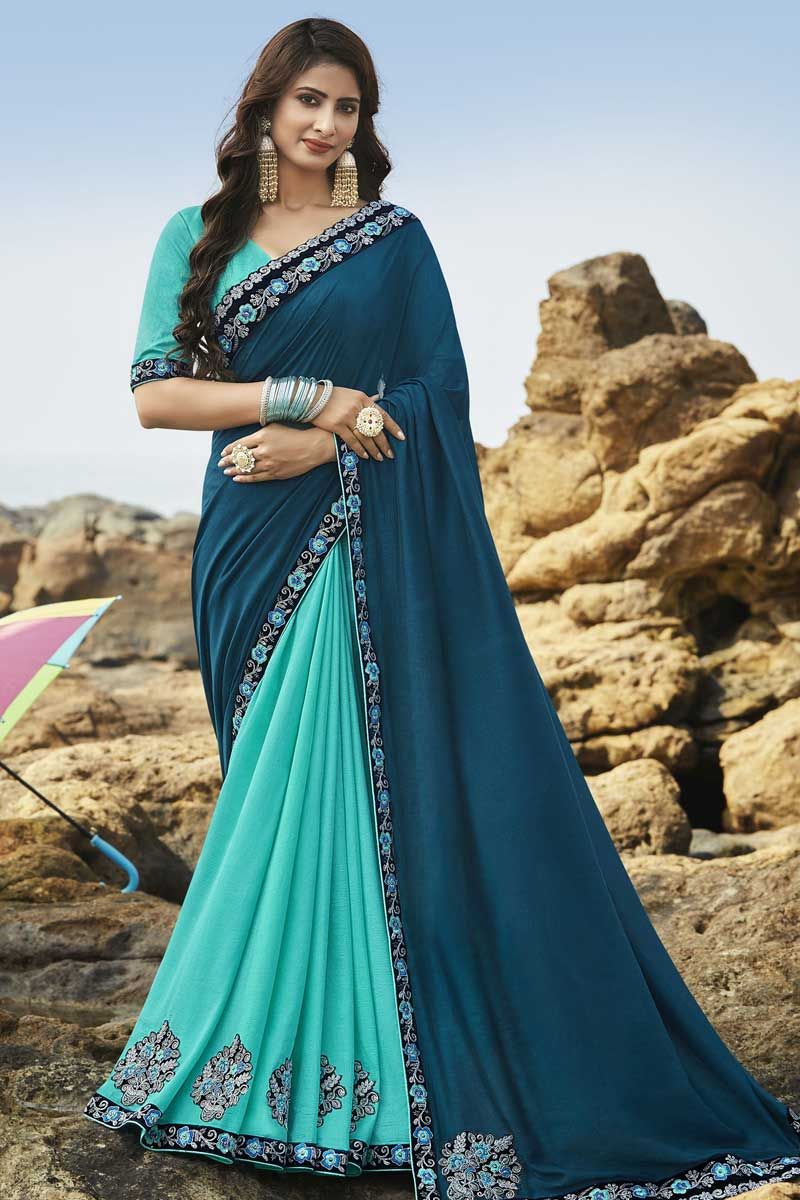 Buy Embroidered Blue and Red Half N Half Saree Online