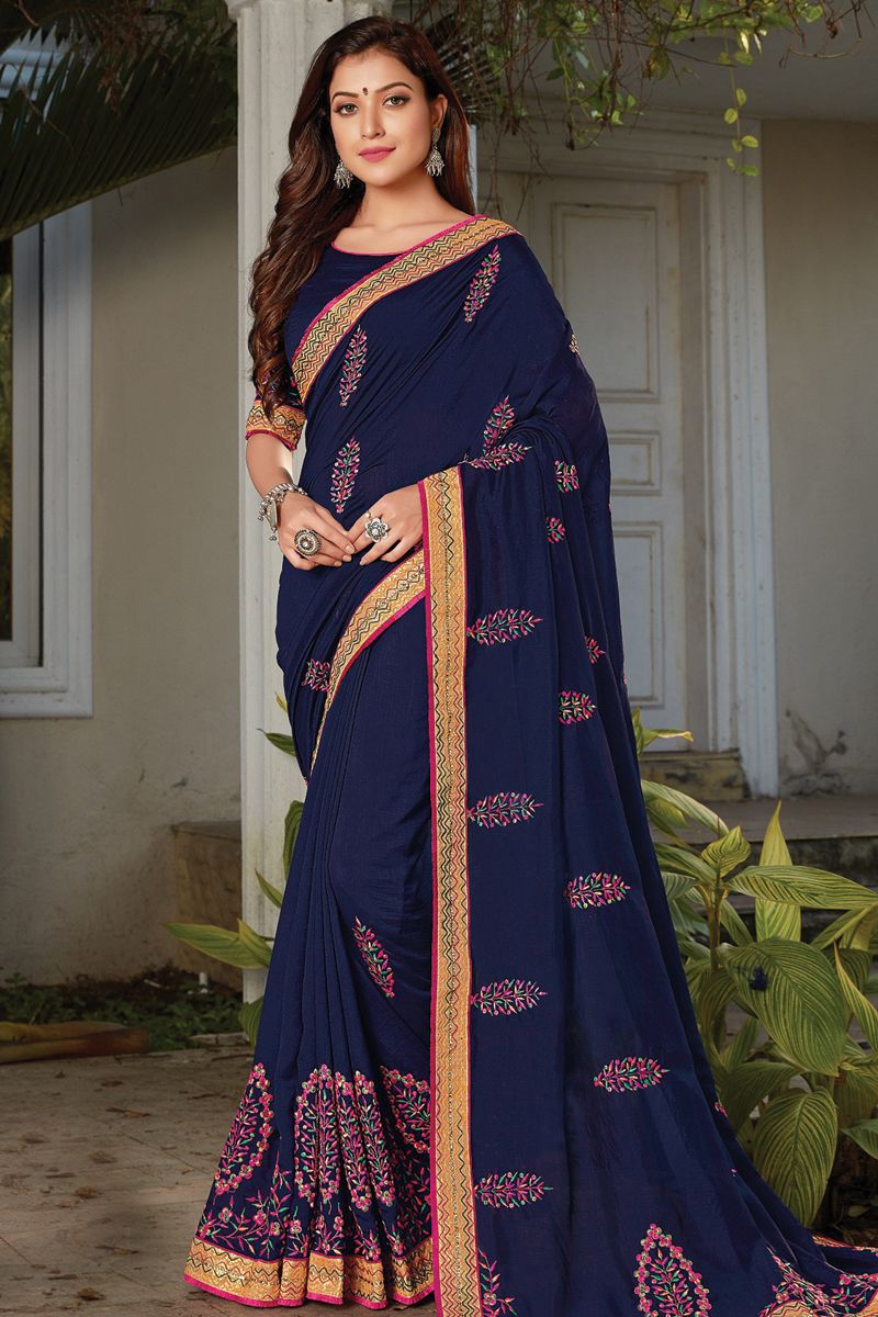 Blue and Gold Floral Embroidered Designer Saree - Indian Heavy Anarkali  Lehenga Gowns Sharara Sarees Pakistani Dresses in USA/UK/Canada/UAE -  IndiaBoulevard
