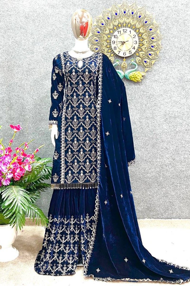 Buy Navy Blue Designer Party Wear Velvet Sharara Suit Online - SALV2458 |  Appelle Fashion