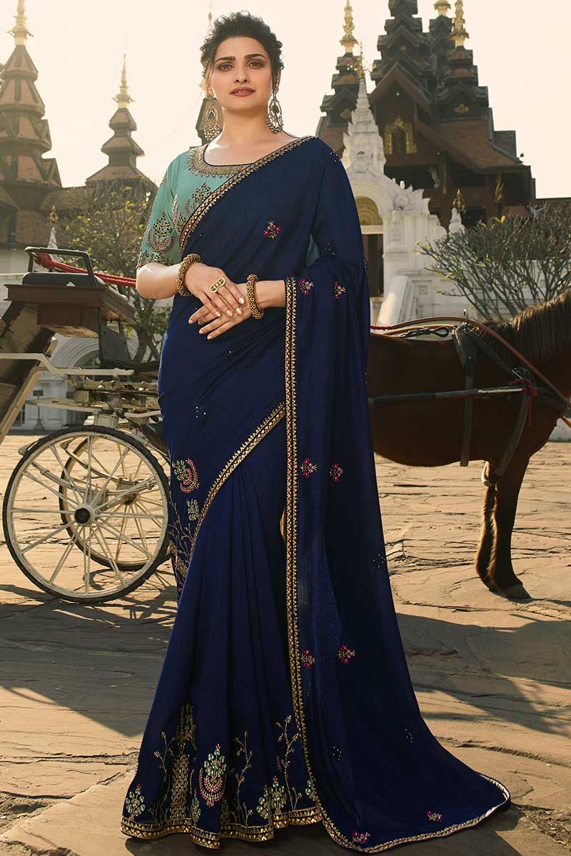 New Blue Readymade Sari Jhumka Design Blouse Party Wear Wedding Saree Top Shirt