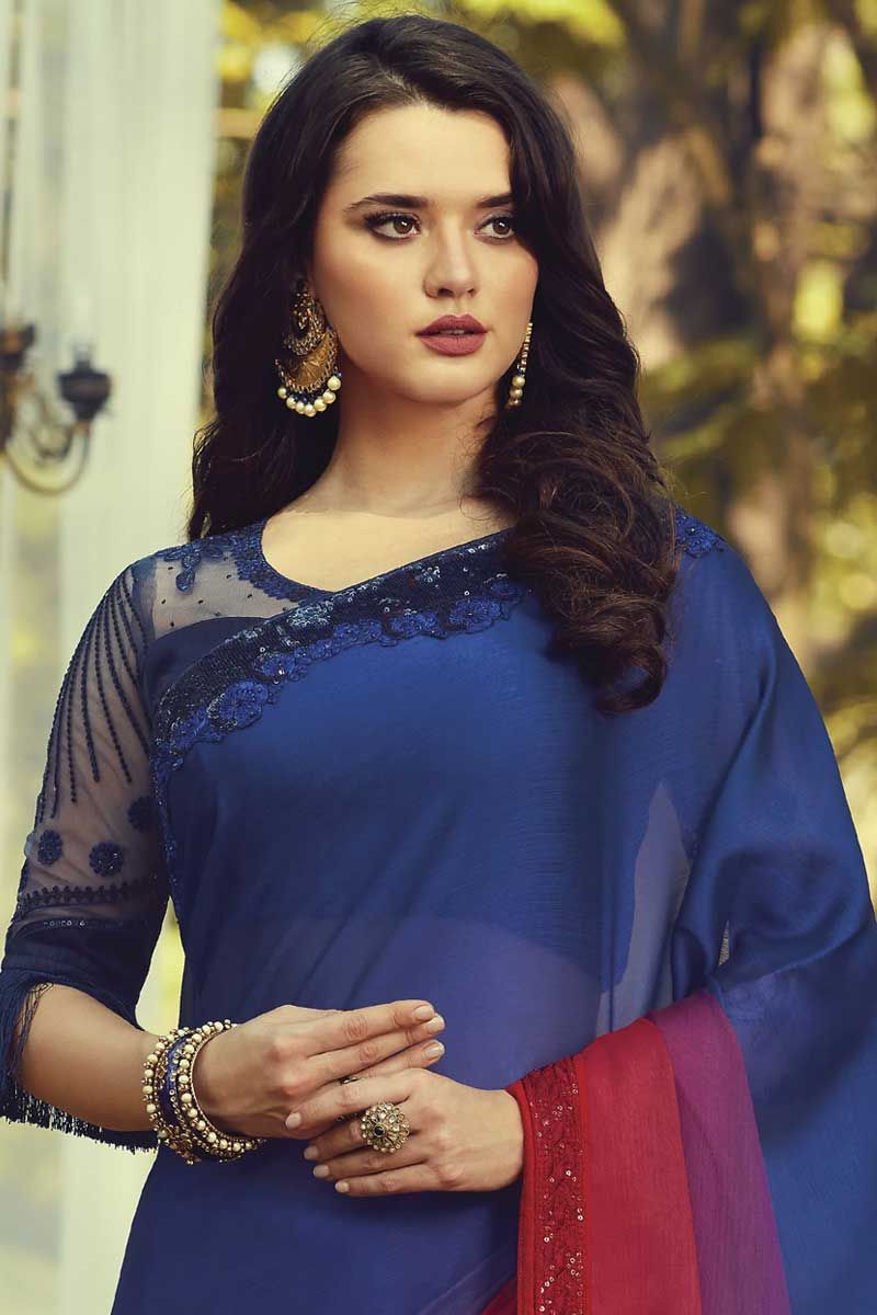 Buy Latest Burberry Silk Blue Color Stylish Embroidered Saree
