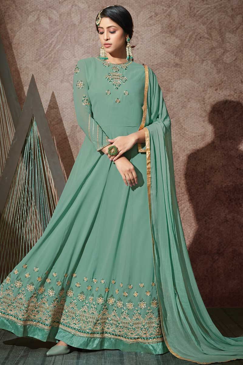 Sea Green Embroidered Designer Net Gown, Sleeveless at Rs 995 in Ahmedabad