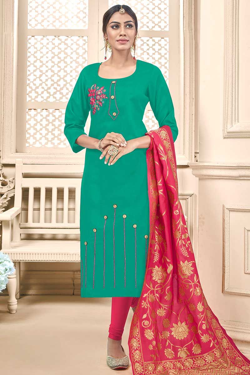 Parrot Green Handloom Anarkali Suit Set with Churidar and Embroidered –  WeaverStory