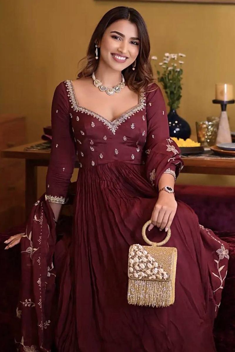 Maroon Designer Anarkali Gown In Rayon With Lucknowi Chikankari Embroi   garment villa