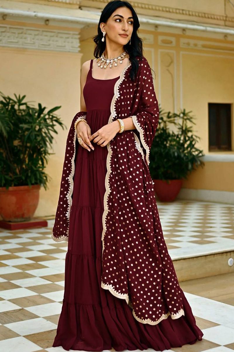 Embroidered Silk Party wear gown with dupatta, Embroidered Party wear