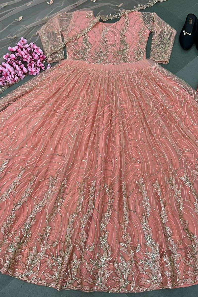 Beautiful Sequence Work Peach Color Gown With Koti - Clothsv