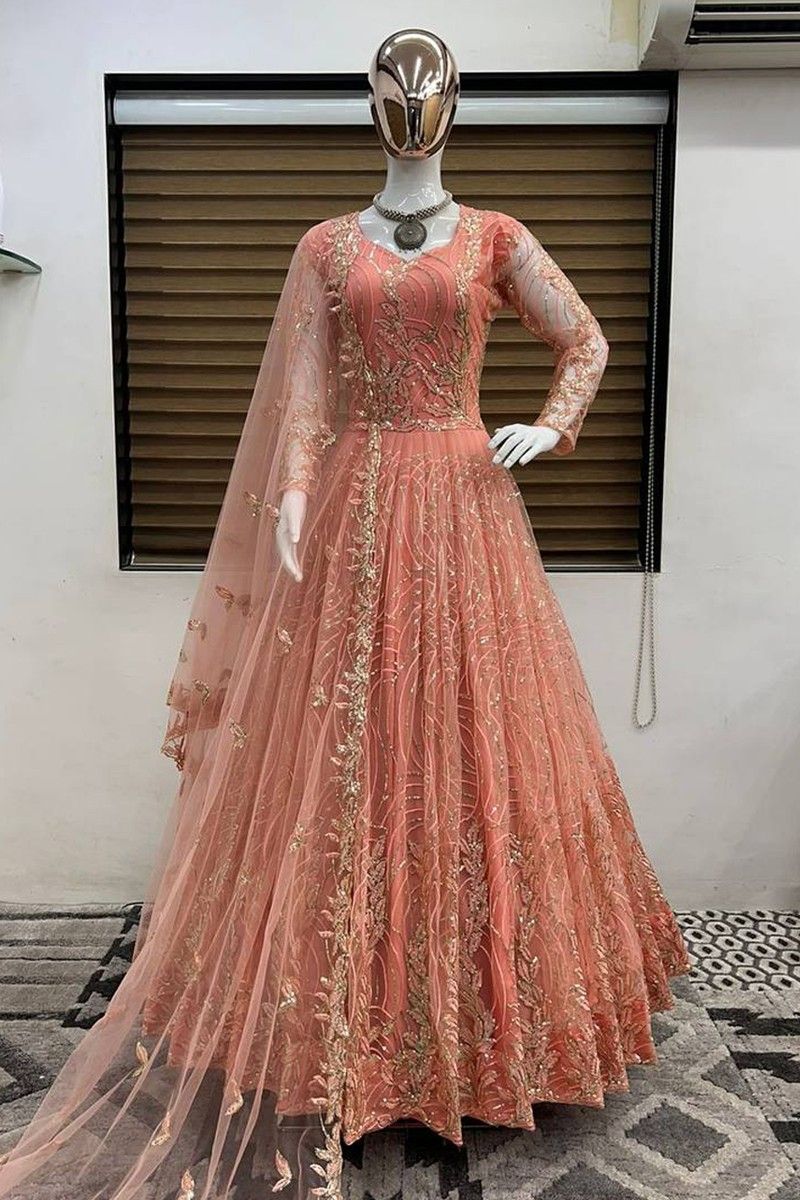 Buy Peach Color Georgette Drapping Gown with embroidered Jacket |  Lehenga-Saree