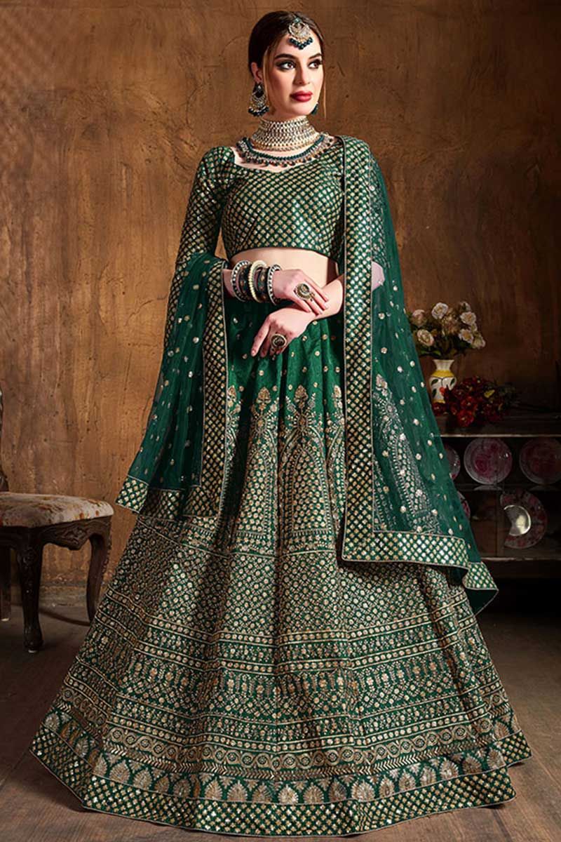 Satin Silk Fabric Green Color Lehenga and Choli with Zari, Embroidery,  Thread work and Dupatta