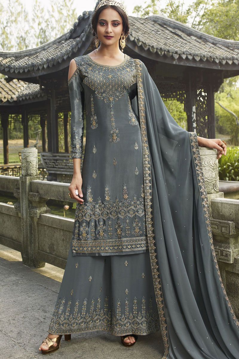 Grey Color Designer Art Silk Occasion Wear Salwar Suit In Plus Size