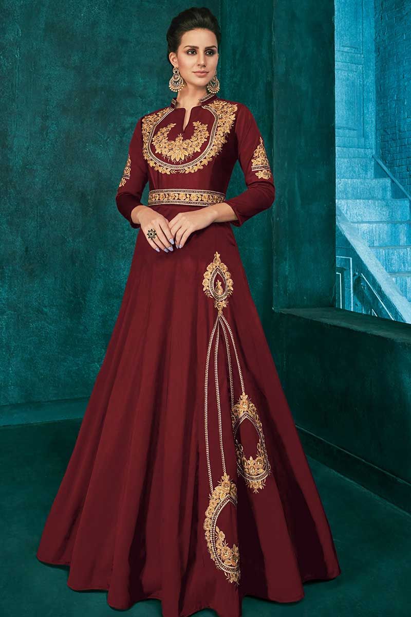 Buy Maroon Designer Silk With Weaving Readymade Party Wear Gown | Gowns