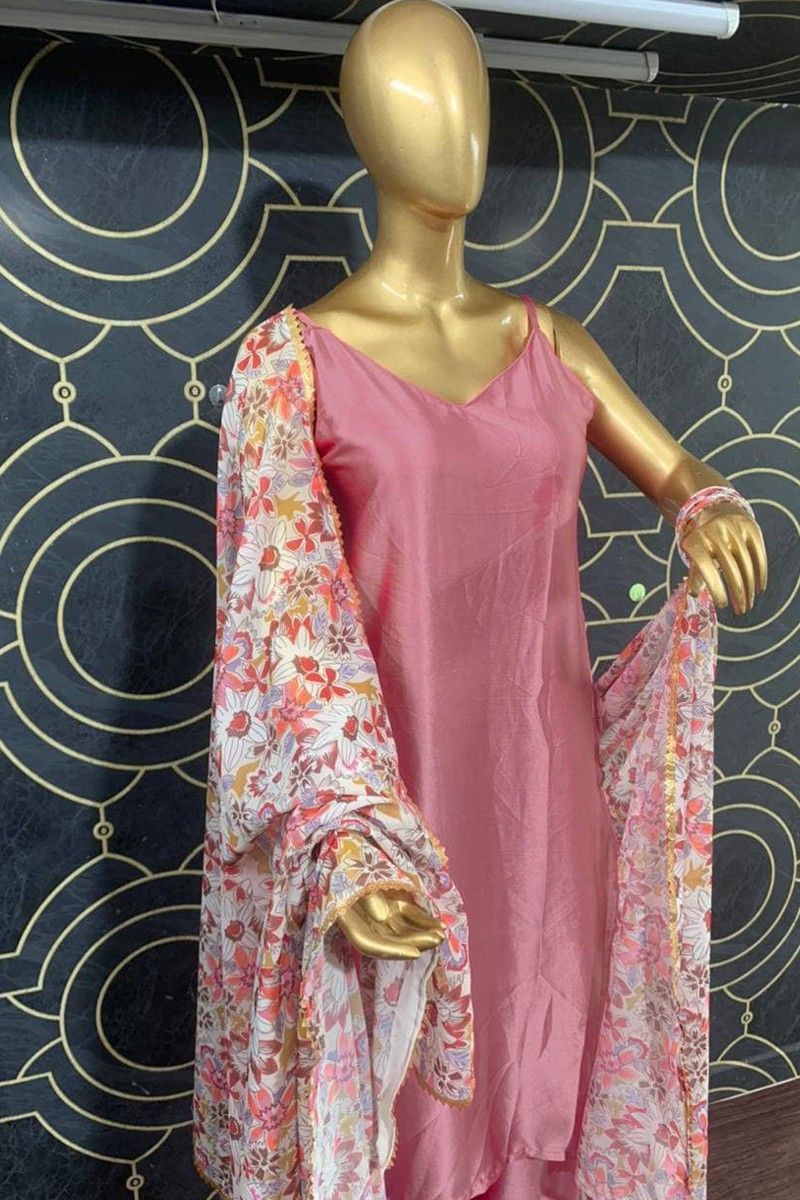 Beautiful Baby Pink Georgette Lace Work Pant Suit With Dupatta