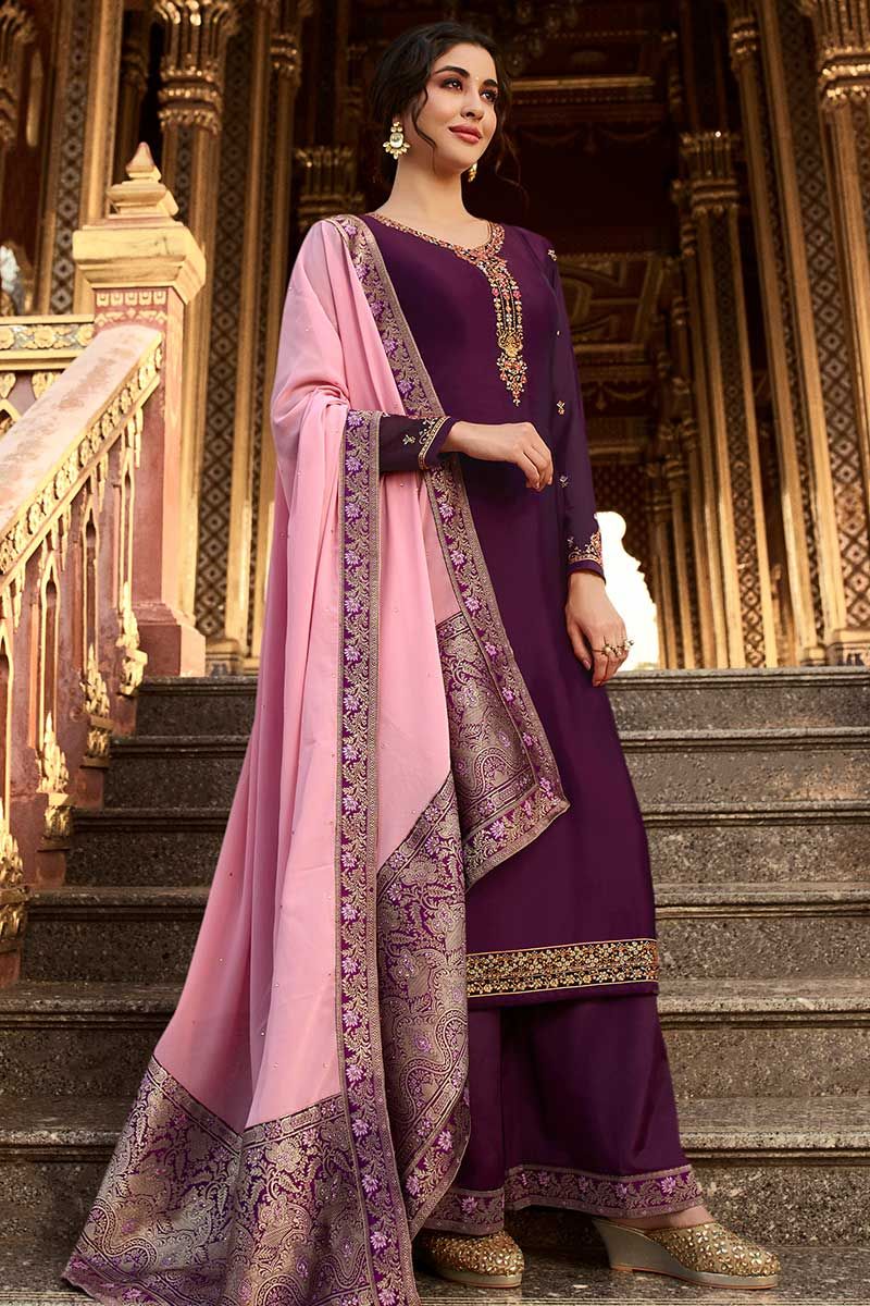Buy Plum Purple Palazzo Suit In Silk With Digital Printed Bandhani Motif  And Foil Work Online - Kalki Fashion