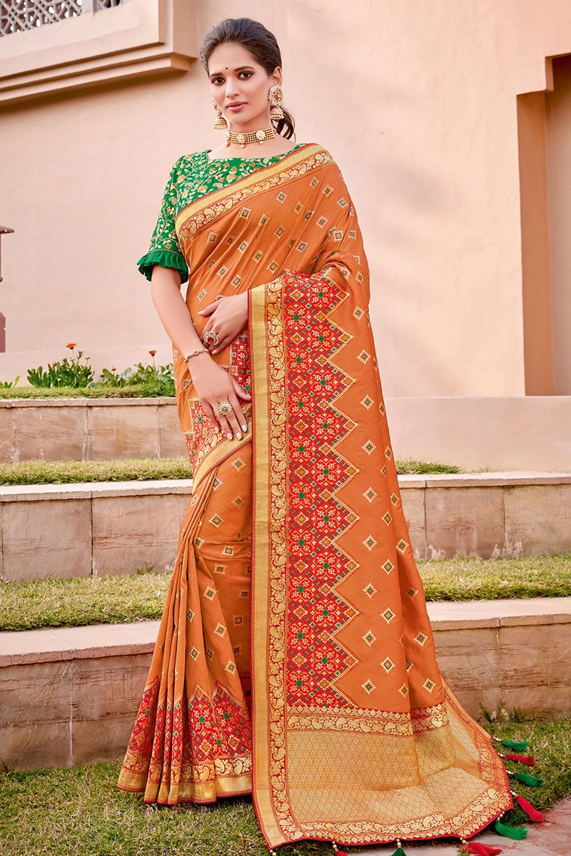 Wedding Wear Silk cotton orange with green saree, 5.5 m (separate blouse  piece)