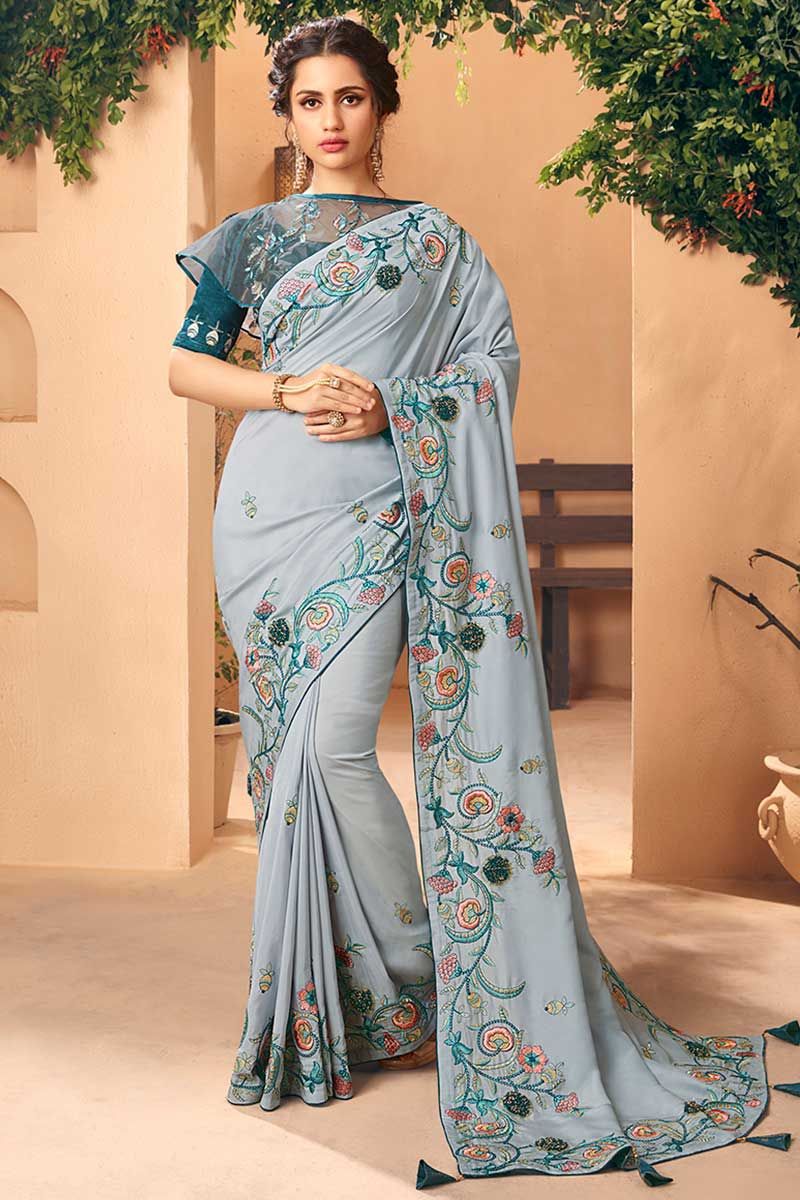 Beautiful Sari Designer Women Party Wear Sari Traditional Embroidery Work Saree