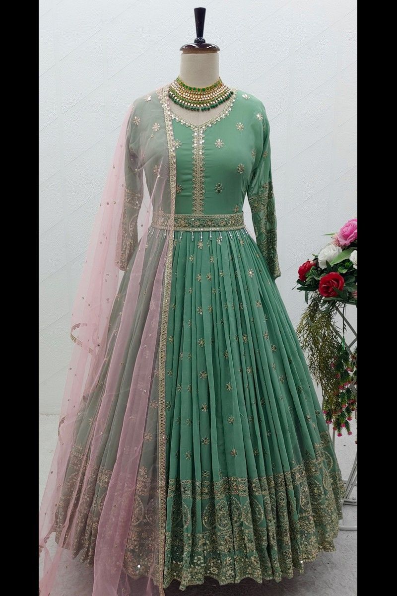 Georgette Embroidered Party Wear Gown, Green at Rs 999 in Surat | ID:  2850230589688