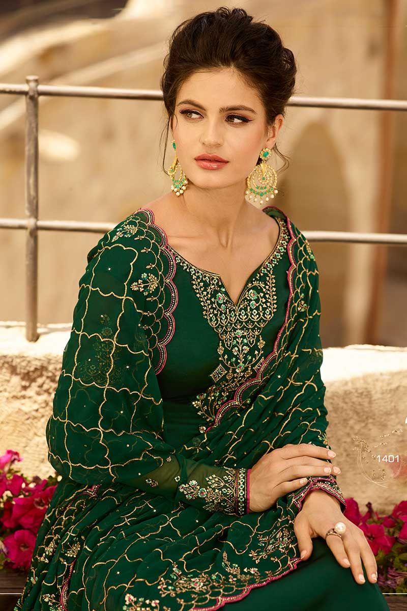Georgette Satin Pant Style Salwar Suit Dark Green Color with Embroidery Work
