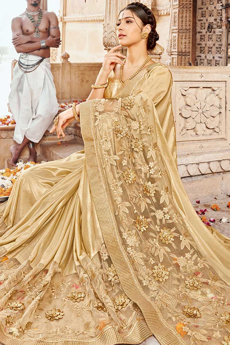 Golden and Cream color linen sarees with all over weaving buties saree  design -LINS0001873