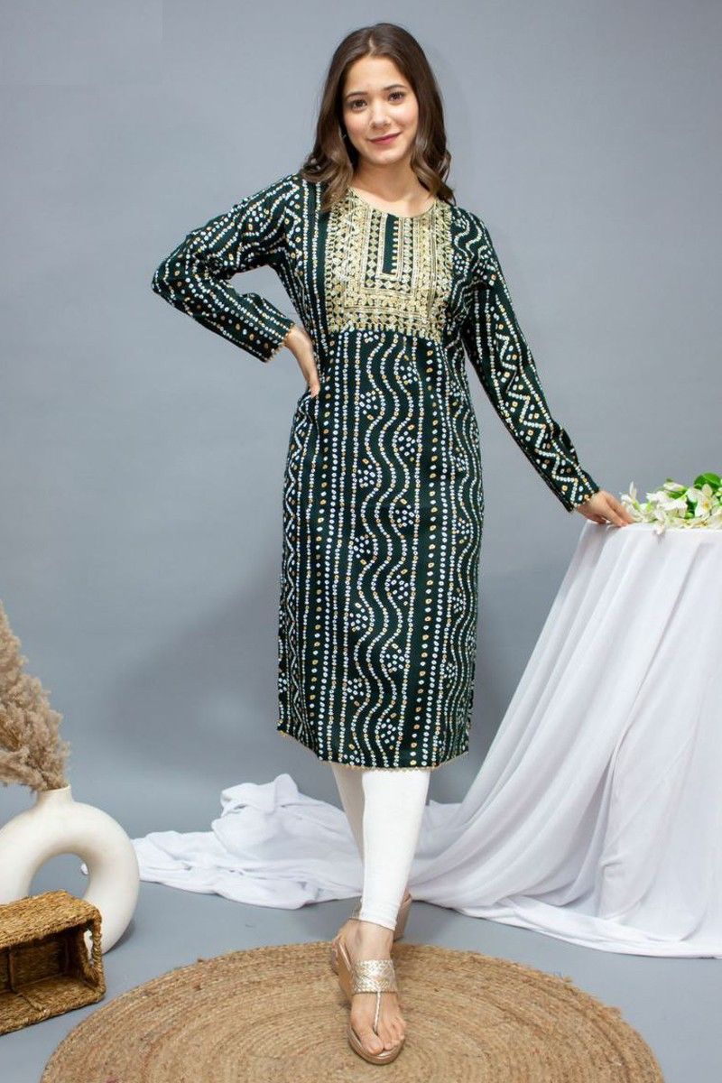 3/4 Sleeves Bandhani Kurti, Size : L, M, XL, XXL, Feature : Anti-Wrinkle,  Comfortable at Rs 350 / Piece in Ahmedabad