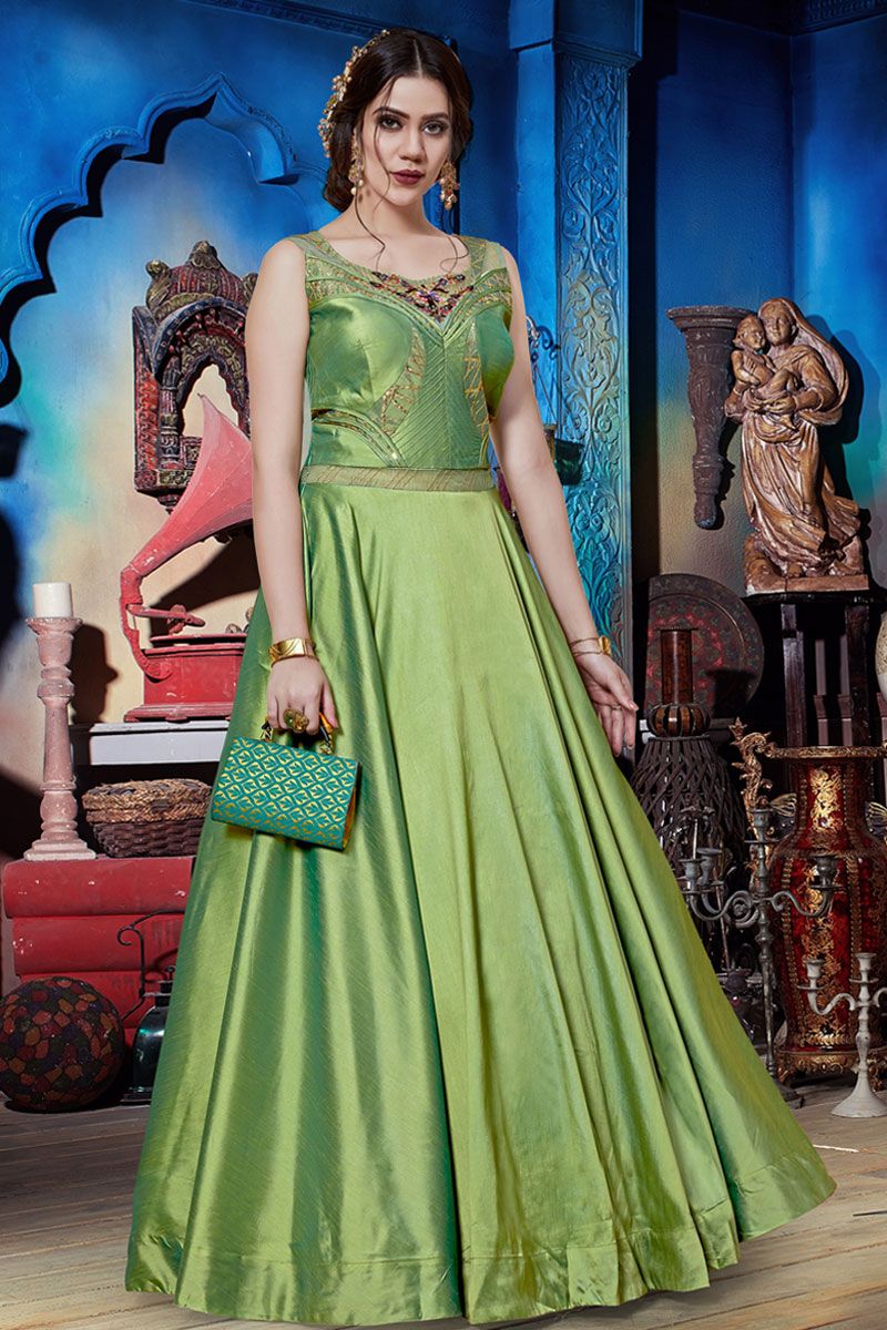 Green Soft Silk Party Wear Gown