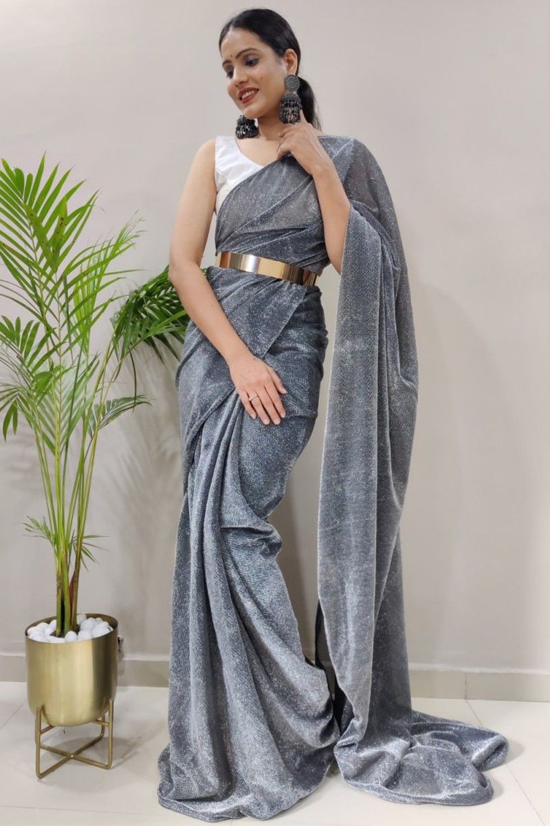 Buy Pretty Grey Sequins Work Net Party Wear Saree From Zeel Clothing.