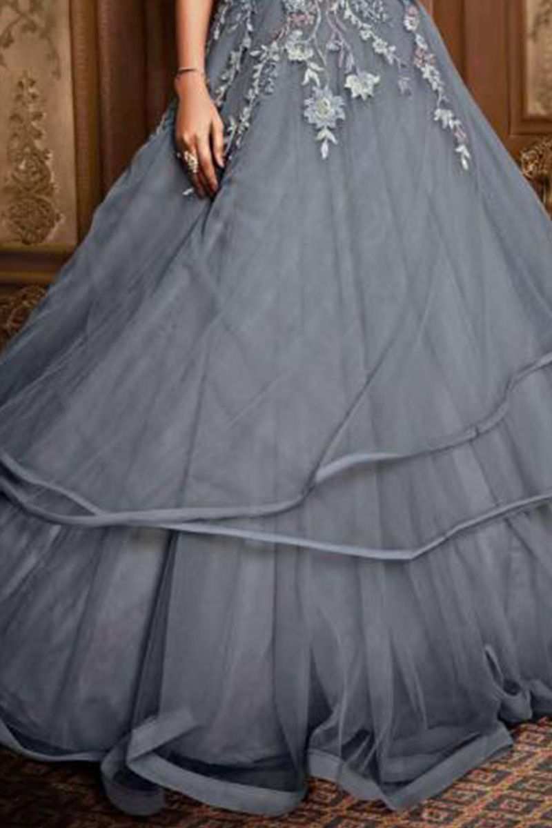 Meesho 96nu fashion Woman's Pretty Fancy Morden Partwear Designer Net  Embroidered Gown.