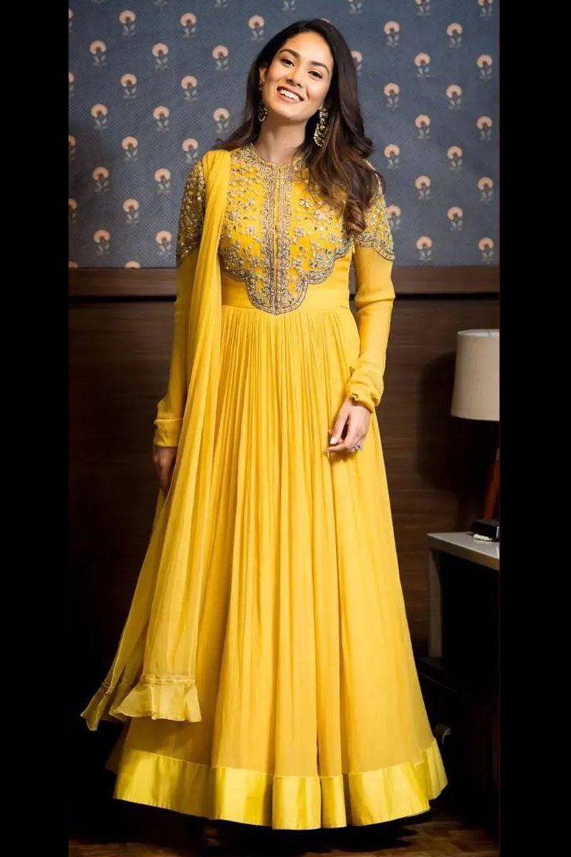 Buy Monghiba Yellow Gown for Women, Georgette Designer Gown for Haldi  Ceremony (PC_197_Yellow) at Amazon.in