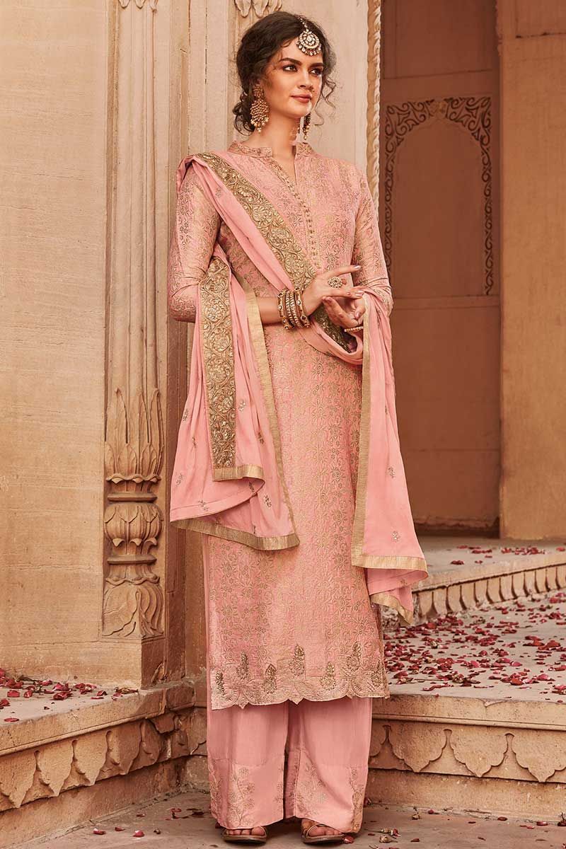 Heavy Designer Jacquard Silk Plazo Suit Design Dusty Pink