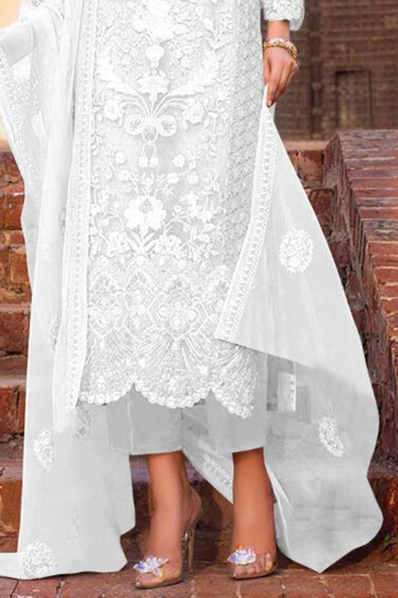 Heavy Embroidery Pakistani Dress White Color In Net Fabric