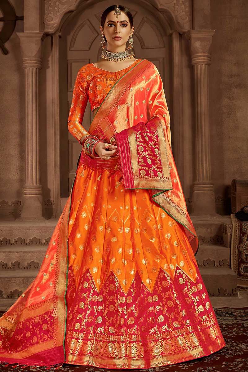 Heavy Weaving Work Banarasi Silk Festival Lehenga Choli In Orange and Pink  Color