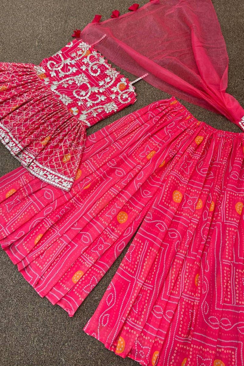 Hot Pink Bandhani Printed Palazzo Style Suit