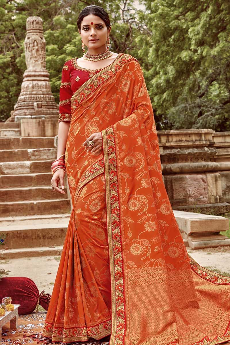 Orange Banarasi Silk Woven Saree With Blouse Latest 4066SR12