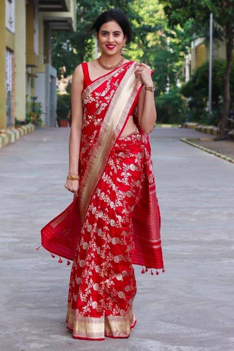 Red Color Fancy Embroidery Work Bridal Wear Heavy Saree – fashionnaari