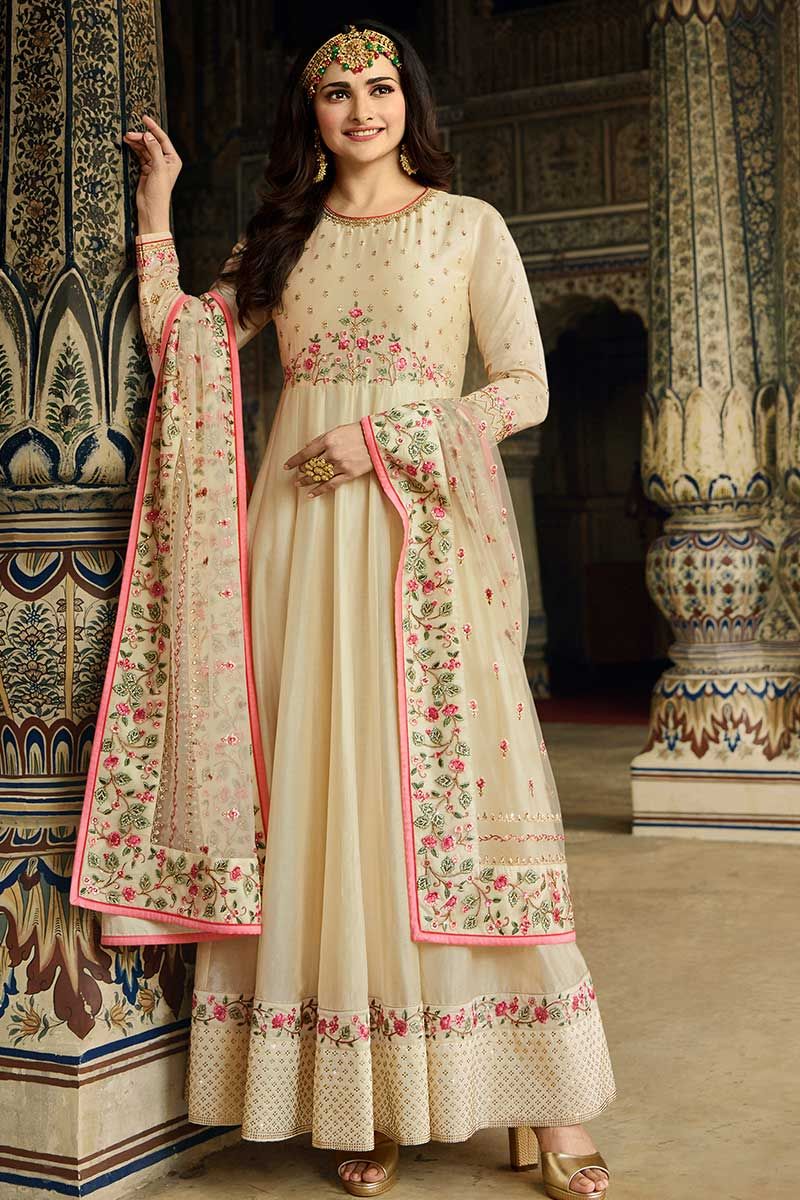 Buy Cream Splendid Designer Dola Silk Party Wear Anarkali Suit | Anarkali  Suits