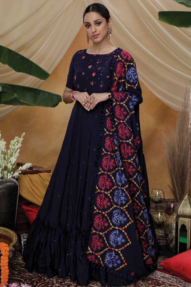Buy Navy Blue Imported Net Designer Party Wear Gown | Gowns