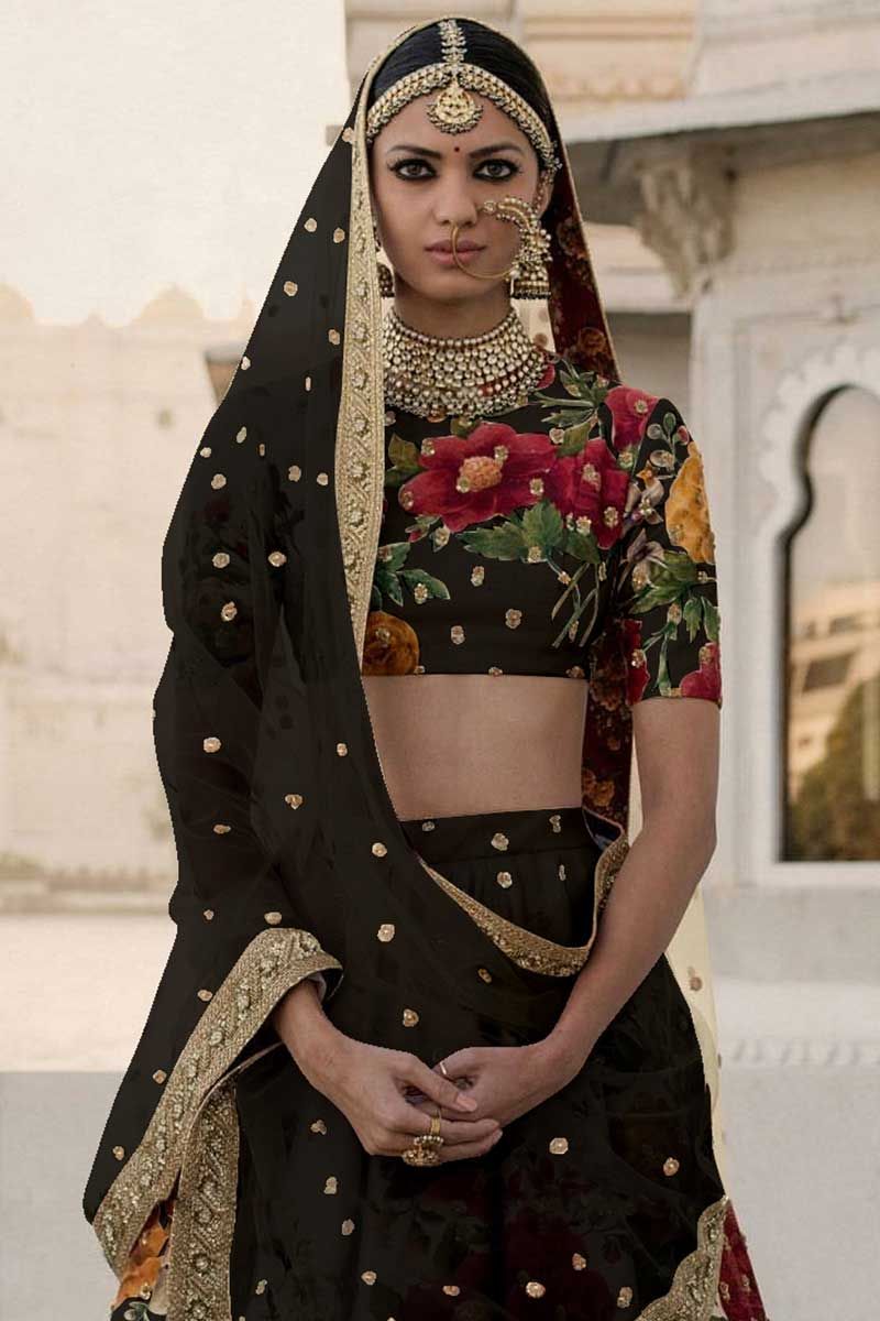Multicolor Embroidery & Digital Print Pure Silk Sabyasachi Party Wear  Lehenga with Blouse