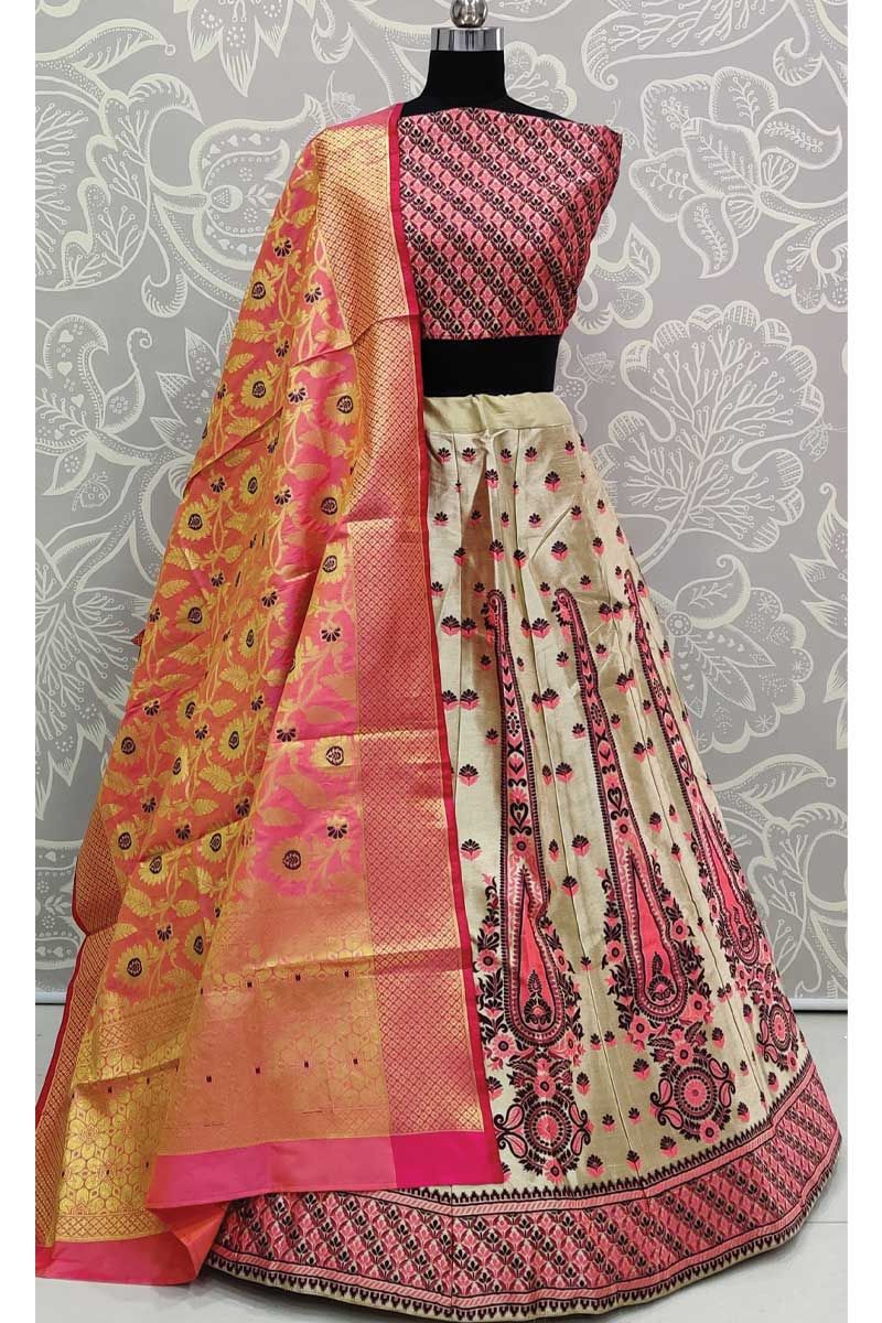 Lehenga Choli For Girls With Pink Banarasi Silk Dupatta