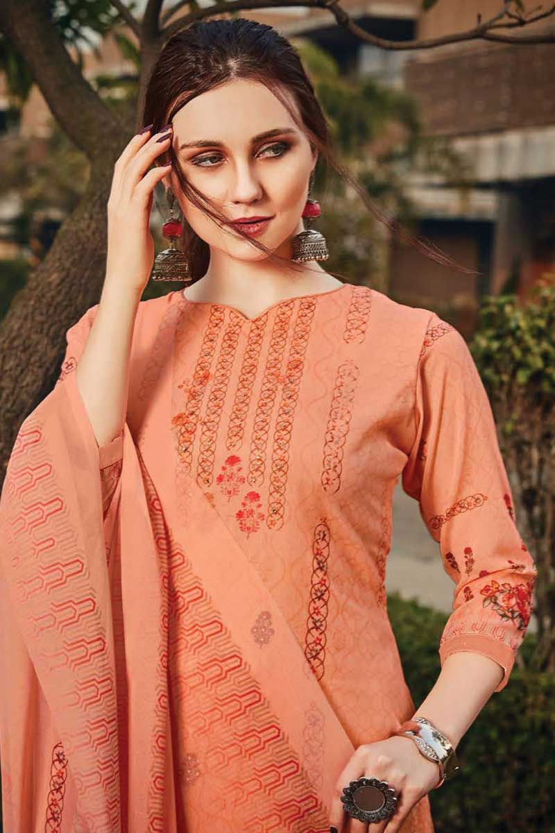 Light orange & white printed cotton unstitched salwar salwar suit material  - Rajnandini - 4207171