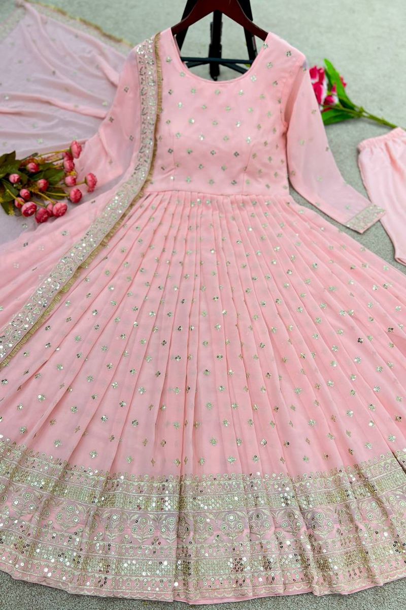 Peach Party Wear Designer Tiered Embroidered Thread Work Anarkali Gown –  Apparel Designer