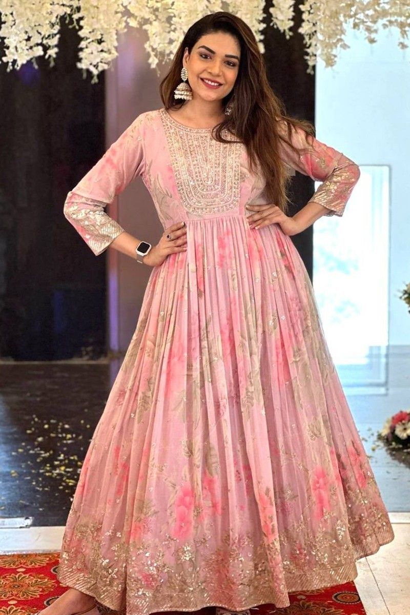Women's Wear Light Pink Color Anarkali With Heavy Net And Embroidery Work